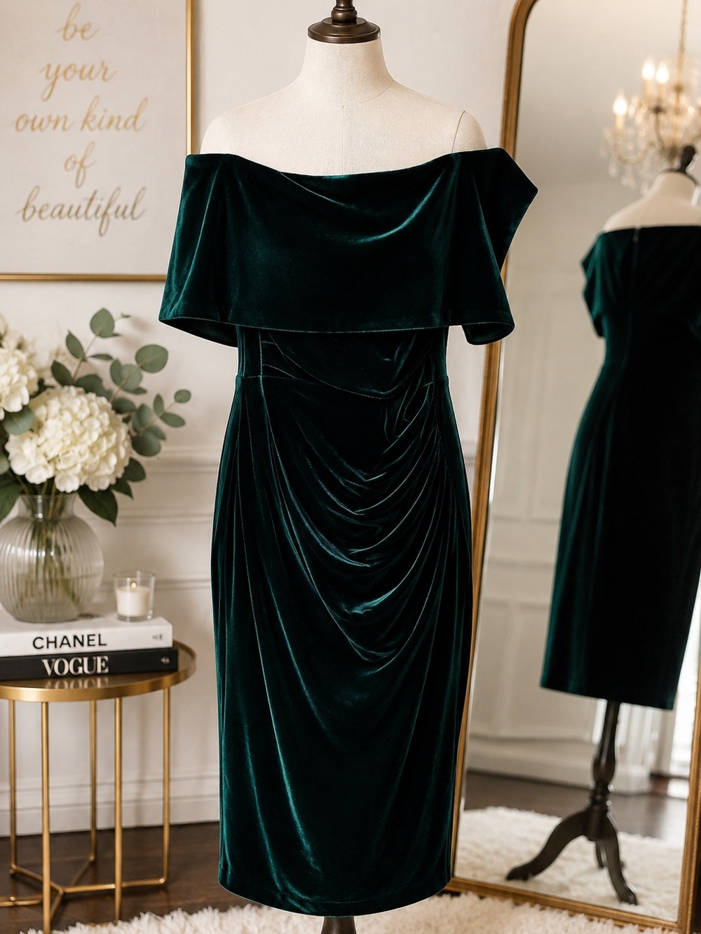 Vince Camuto Hunter Green Velvet Off-the-Shoulder Cocktail Dress | Size 12